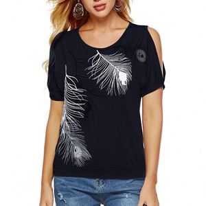 <b>Women</b> Summer Satin Breathable Quick Dry Casual Short Sleeve Sexy off Shoulder Feather Print <b>Loose</b> Plus Size 2XL T-<b>shirt</b> - Product Image 4