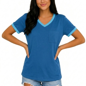 Women's Blue V-Neck Short Sleeve T-Shirt With Pocket Casual Cotton Jersey <b>Top</b> Spring Summer Wear - Product Image 2