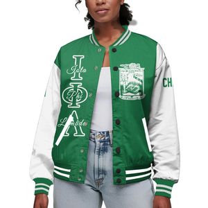 Veste universitaire personnalisée pour femmes Iota Phi Lambda, vert émeraude, lettres blanches, écusson, numéro, année, veste bomber de sororité - Product Image 1