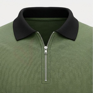 Polo à manches courtes pour homme, vert olive, avec fermeture éclair, tricoté, 100% polyester, design uni décontracté, coupe classique - Product Image 4