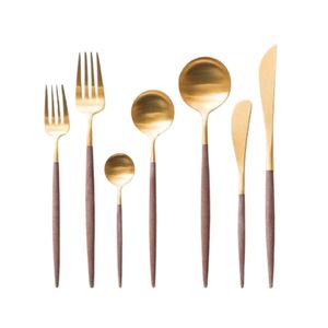 Ensemble de couverts de luxe en acier inoxydable doré avec manche en bois mat, vaisselle moderne, couteau, fourchette, cuillère, pour mariage - Product Image 1