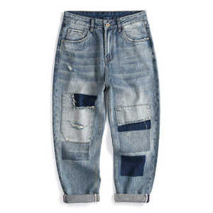 Pantalones Vaqueros de Mezclilla con Parches de Diseño Personalizado para Hombre, Corte Holgado, Estilo Desgastado, Pierna Recta, en Oferta - Product Image 1