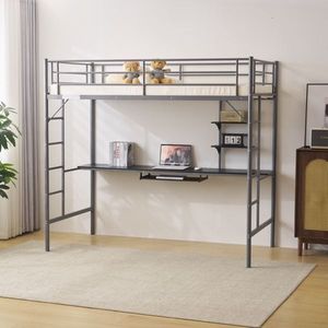 Letto a soppalco singolo in metallo con scrivania e mensole portaoggetti, 2 sponde di sicurezza a tutta lunghezza e scalette per adolescenti - Product Image 3