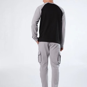 Sweat-shirt à col rond à manches raglan pour homme, noir et gris, coupe classique, couleur unie, décontracté, automne, en coton molletonné tricoté - Product Image 2