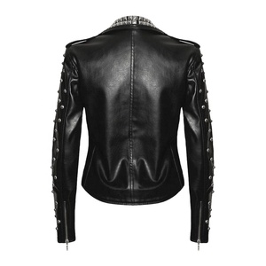 Punk-ajusté brillant-court femme automne hiver personnalisé en cuir Pu dames manteau moto fermeture éclair noir mode clouté vestes - Product Image 4