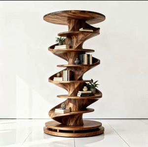 Luxury Sculptural Teak Wood Bookshelf with Spiral <b>Open</b> Shelves and Modern Artistic Display Storage Furniture Design - Product Image 1