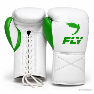 Cheap Fly <b>White</b> Leather Boxing Gloves With Green Accents <b>Laced</b> Closure For Adults Boxing Training Gear best for sparring - Product Image 1