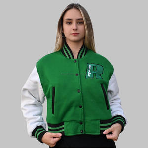 Chaqueta universitaria de alta calidad hecha en fábrica para mujer, forro polar de algodón con cuello verde levantado, chaqueta con letras verdes - Product Image 1