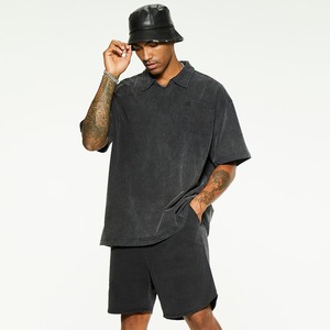 Ensemble T-shirt et short deux pièces pour homme, couleur unie, 100% coton, tenue streetwear écologique tendance - Product Image 1