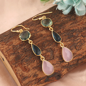 Designer pink chalcedony & quartz <b>hook</b> <b>earrings</b> handmade multiple shape bezel set gemstone drop dangle fashion briolette jewelry - Product Image 4