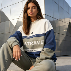 Women Color Block Crewneck Sweatshirt Oversized Street Style Fleece Pullover Casual <b>Long</b> <b>Sleeve</b> Embroidered Panel <b>Top</b> - Product Image 3