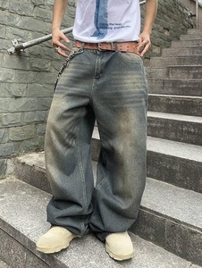 Vaqueros de mezclilla para hombre, lavados a la piedra, de pierna ancha, corte holgado, talla grande, cintura media, estilo casual urbano, 100% algodón, con bolsillo de parche - Product Image 1