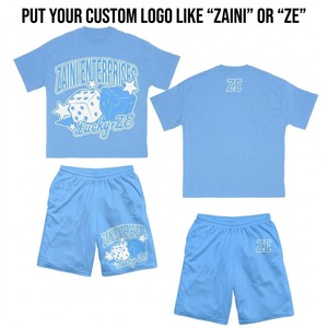 Ensemble T-shirt et short pour homme en jersey de coton premium 180 GSM avec short en maille 140 GSM, bleu ciel, impression sérigraphique, logo personnalisé, streetwear - Product Image 1