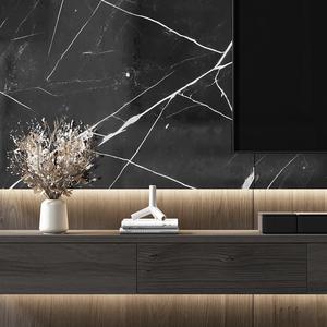 Mueble de TV de Pared con Diseño de Mármol de Lujo KEJIA, Centro de Entretenimiento Flotante Moderno de Madera Oscura con Vitrina de Vidrio para Villa - Product Image 3