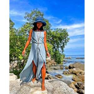 Vestido Maxi Azul Bohemio para Mujer con Abertura Frontal, Sin Mangas, Cintura Ajustable con Cordón, Vestido Largo para Verano, Playa o Resort - Product Image 1