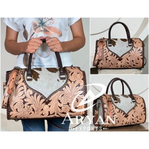 Wholesale New Arrival Genuine <b>Tooled</b> Cowhide <b>Leather</b> Speedy Bag for Women's Floral Carved Western Handbag Crossbody Satchel Bags - Product Image 1
