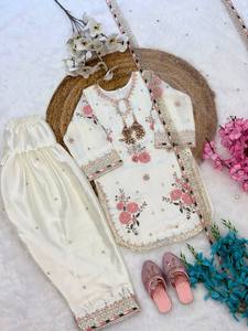 Ensemble Salwar Kameez en soie brodée florale beige, costume traditionnel indien pakistanais pour mariage, festival, enfants - Product Image 5