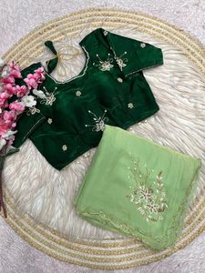 Sari en satin Fendy au design exclusif, avec chemisier élégant, style ethnique chic et tendance, dernière collection indienne, tenue de soirée modeste pour femmes et jeunes filles - Product Image 5