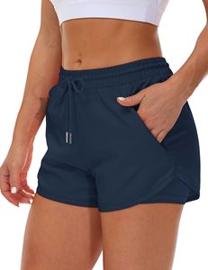 Shorts pour femmes en tissu tricoté rose uni avec cordon de serrage, séchage rapide, style sportif, coupe régulière, taille mi-haute, poches - Product Image 5