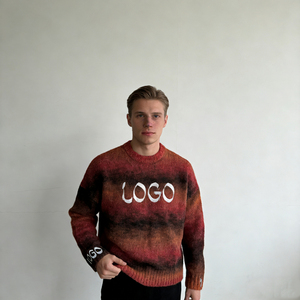 Men's Trendy Gradient Red Brown <b>Orange</b> <b>Fleece</b> Fabric LOGO Embroidery Neck Regular Fit Pullover Cuff Detail Winter 100% Cotton - Product Image 3