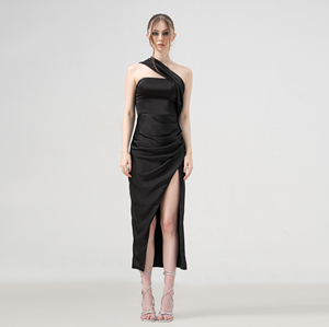 Sexy Back Black Satin Dress Tea Length A Line Off <b>Shoulder</b> Elegant Womens Clothing ODM Vietnam Party Dress Manufacturer - Product Image 1