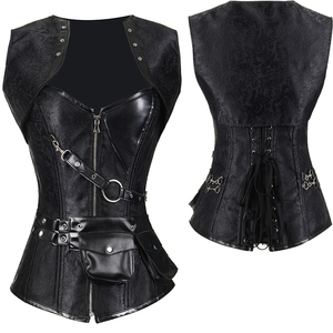 Corsé de cuero PU para mujer con cremallera y bolsillos, faja moldeadora de control firme, negro - Product Image 1