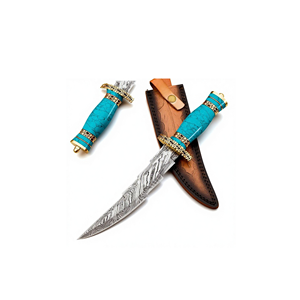Cuchillo Bowie de Acero de Damasco Nuevo con Mango de Piedra, Hoja Fija, Cuchillo de Caza y Supervivencia con Funda de Cuero - Product Image 6