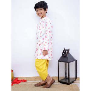 Kurtis Étnicos para Niños Famigo, Blancos y Amarillos, de Manga Larga, Estilo Pakistaní, con Estampado Digital, de Poliéster Elástico, Kurta Dhoti Cosida - Product Image 5