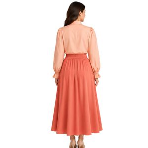 <b>Peach</b> Women Embroidered Blouse Maxi Skirt Set Long Sleeve Button Up Shirt High Waist Modest Two Piece Casual Fashion Outfit OEM - Product Image 2