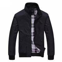 Blouson bomber coupe ajustée pour homme, coupe-vent, noir, gris, bleu, doublure à carreaux, fermeture éclair intégrale, col montant, poignets côtelés, style décontracté