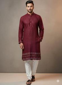 Conjunto de Kurta y Pijama de Seda Pura Tradicional Más Vendido, Sin Arrugas, Ropa Étnica Premium para Fiestas, Bodas y Festivales en Oferta - Product Image 3