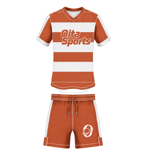 Conjunto de Uniforme de Rugby de Manga Corta en Color Naranja Óxido y Blanco, Jersey de Rugby a Rayas con Cuello Redondo, Pantalones Cortos con Cordón, Ropa Deportiva para Equipo - Product Image 1