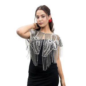 Women’s <b>Silver</b> Fringe Short <b>Cape</b> with Embroidered Net and Tubelight Cutdana Work - Product Image 1