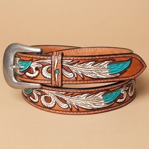Ceinture en cuir travaillée à la main avec motif plume, accents turquoise, boucle argentée, style western, équestre, confortable - Product Image 1