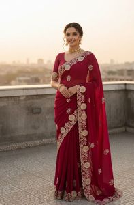 Indian Traditional Ethnic Fancy Designer Partywear <b>Saree</b> Embroidery Work Vichitra Silk Recycled Materials for Women Trendy - Product Image 3