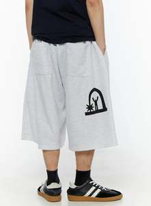 Shorts de survêtement amples pour homme, gris chiné, avec motif étoile filante, longueur genou, style Bermuda, taille élastiquée, pantalon streetwear - Product Image 6