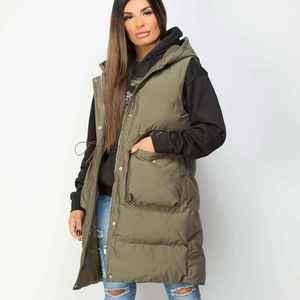 Gilet long matelassé à capuche pour femme, couleur unie, vêtement d'hiver, rembourrage en polyester, fermeture éclair épaisse, poches - Product Image 1