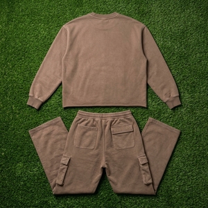 Conjunto de Pantalones y Sudadera Cargo Marrón Lavado para Hombre, Cuello Redondo Oversize, Bolsillos Utilitarios, Chándal Casual de Dos Piezas a Juego para Streetwear - Product Image 5