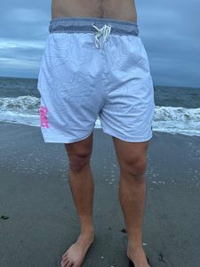 <b>Men's</b> <b>White</b> Board <b>Shorts</b> With Gray Waistband And Pink Logo <b>Shorts</b> Quick Dry Drawstring Swim Trunks Casual <b>Men's</b> Beach <b>Shorts</b> - Product Image 1