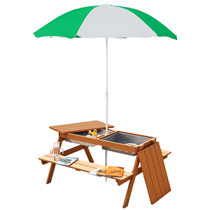 Adjustable Umbrella Removable Parasol Outdoor <b>Kids</b> Picnic Table with Sandbox <b>Set</b> for <b>Garden</b> and Patio Wooden Furniture - Product Image 1