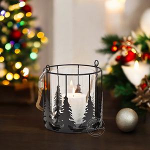 Bougeoir enduit de poudre noire de fil de fer à vendre bougeoir de forme ronde avec la poignée de corde pour accrocher - Product Image 1