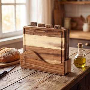 Ensemble de planches à découper en bois d'acacia avec icônes alimentaires étiquetées, 4 pièces, support pour planches à découper, rainure pour jus, passe au lave-vaisselle, écologique - Product Image 4