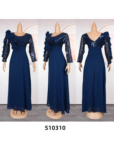 Robe de soirée grande taille en mousseline de soie perlée, col en V, manches longues, coupe trapèze, longueur ras du sol, pour occasions formelles - Product Image 5