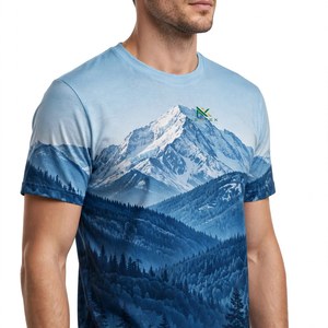 เสื้อยืดพิมพ์ลายภูเขาหิมะสีน้ำเงินแบบกำหนดเองสำหรับผู้ชาย ลายศิลปะธรรมชาติ ผ้าคอตตอนเจอร์ซีย์ เสื้อยืดสำหรับกิจกรรมกลางแจ้ง โรงงาน OEM ขายส่ง - Product Image 2