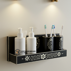 Handcrafted Black Bone Inlay Bathroom Organizer <b>Set</b> Wall-Mounted Vanity Shelf with Dual <b>Soap</b> Dispensers and Toothbrush Holders - Product Image 1