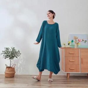 Robe en lin biologique pour femmes, coupe ajustée, manches longues, vêtements en lin sur mesure, taille plus, tenue d'été - Product Image 1