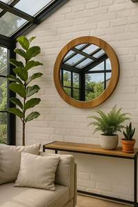 Minimalist Round Solid Wood Wall Mirror Modern Circular <b>Oak</b> <b>Frame</b> Vanity Mirror Aesthetic Dining Living Room Hanging Wall Decors - Product Image 1