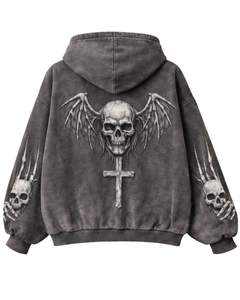 Sudadera con capucha gris oscuro personalizada con cremallera, lavado ácido, estampado de doble calavera en la manga, estilo streetwear oversize de algodón y felpa. - Product Image 2