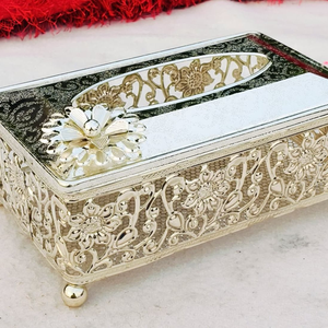 Boîte à mouchoirs en métal blanc et or ornée avec support pour téléphone pour une décoration coordonnée, disponible au prix de gros - Product Image 4
