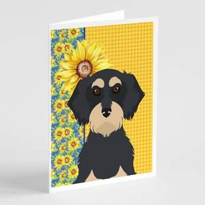 Summer Sunflowers Wirehair Black Cream Dachshund A7 Cartes de vœux Pack 8 Cartes de note vierges fantaisistes 5x7 avec enveloppes - Product Image 1